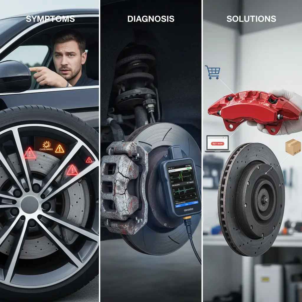 Mehaničar pregledava kočioni klip automobila, dok su vidljive istrošene kočione pločice i tragovi curenja ulja oko čeljusti. Na radnom stolu nalaze se alati i rezervni dijelovi za popravak kočionog sustava.