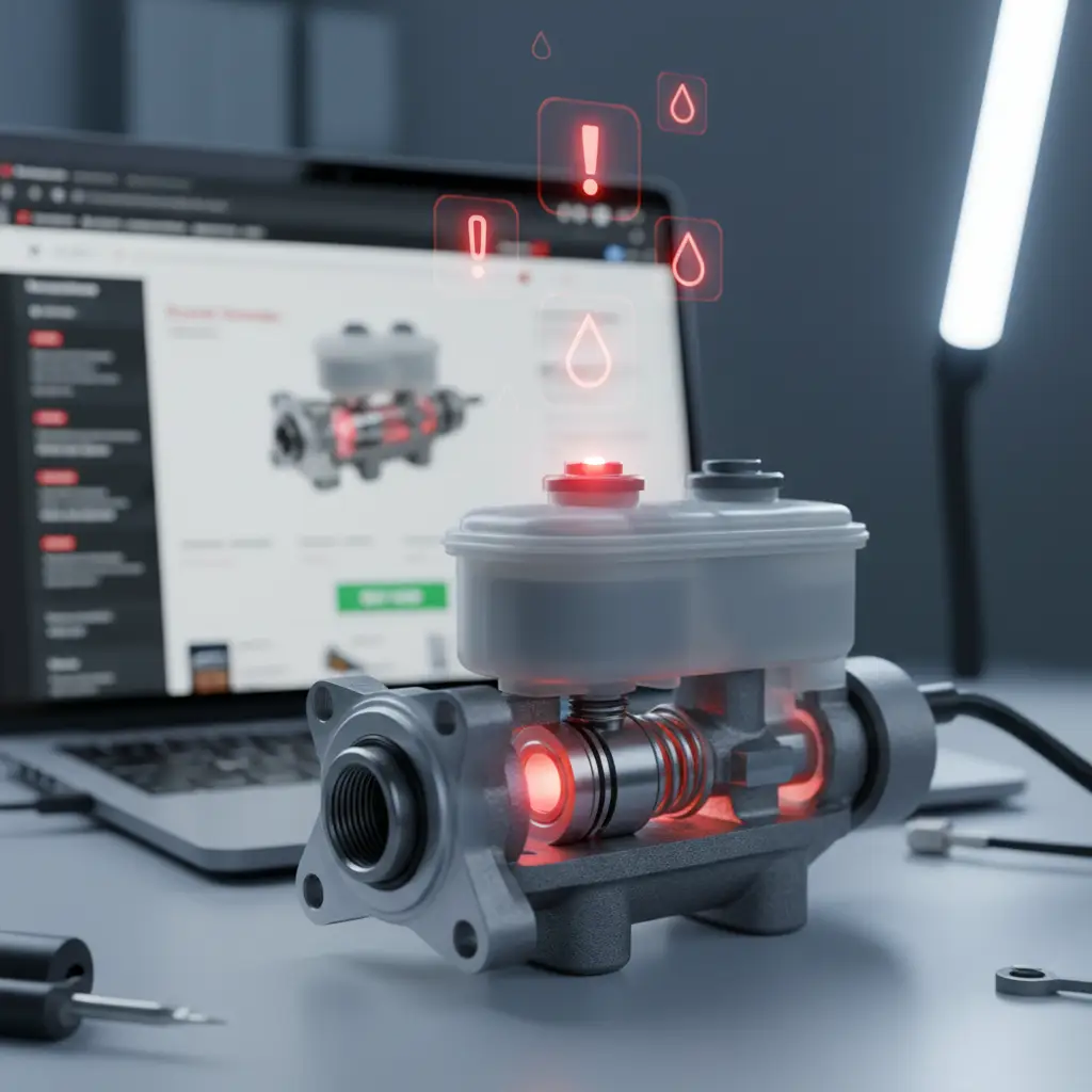 Mehaničar pregledava kočioni sustav automobila, fokusirajući se na glavni cilindar dok su u blizini prikazani alati i dijelovi.