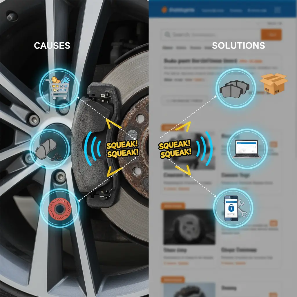 Mehaničar pregledava kočnice automobila dok vozač zabrinuto pokazuje prema kotaču, ilustrirajući problem škripanja kočnica i traženja rješenja.