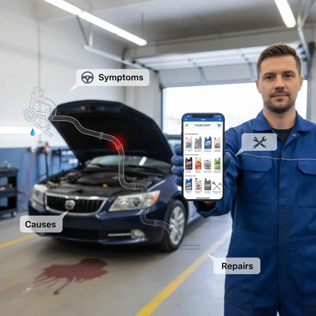 Mehaničar pregledava motor automobila dok ispod vozila kapa tamna tekućina, ukazujući na moguće curenje tekućine za servo upravljač.