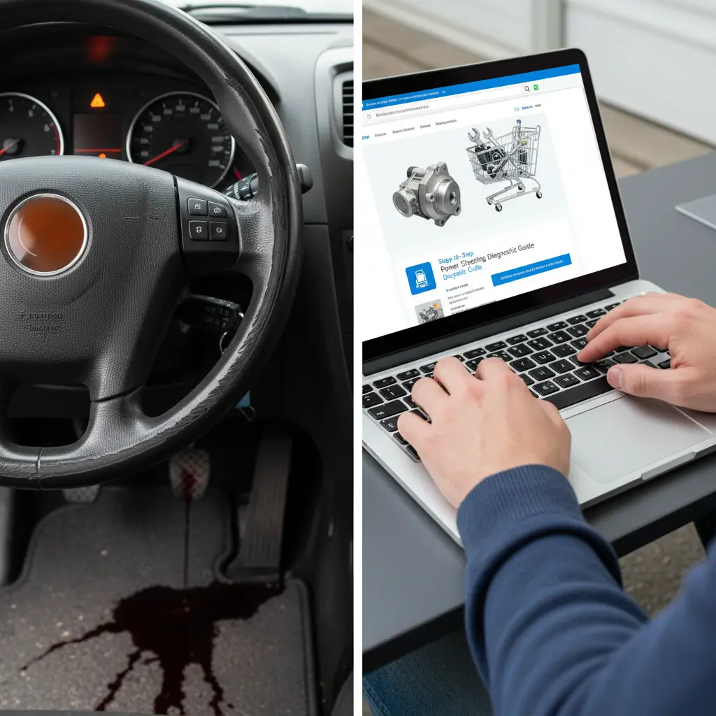 Mehaničar pregledava motor automobila s otvorenim poklopcem, pokazujući na crijeva i pumpu servo upravljača dok su u blizini vidljivi alati za popravak.