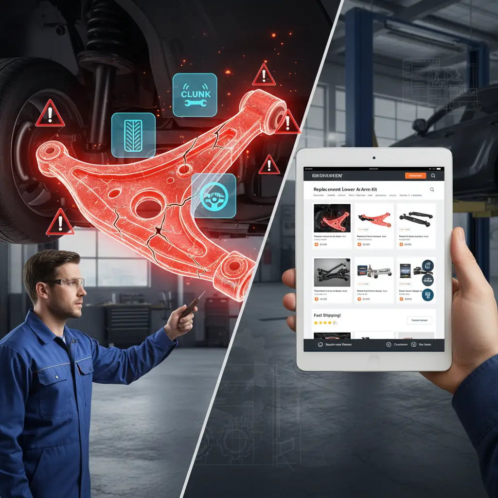 Mehaničar pregledava ovjes automobila, fokusirajući se na kontrolnu ruku, dok je vozilo podignuto na dizalici u radionici. Oko kontrolne ruke vide se znakovi istrošenosti i oštećenja.