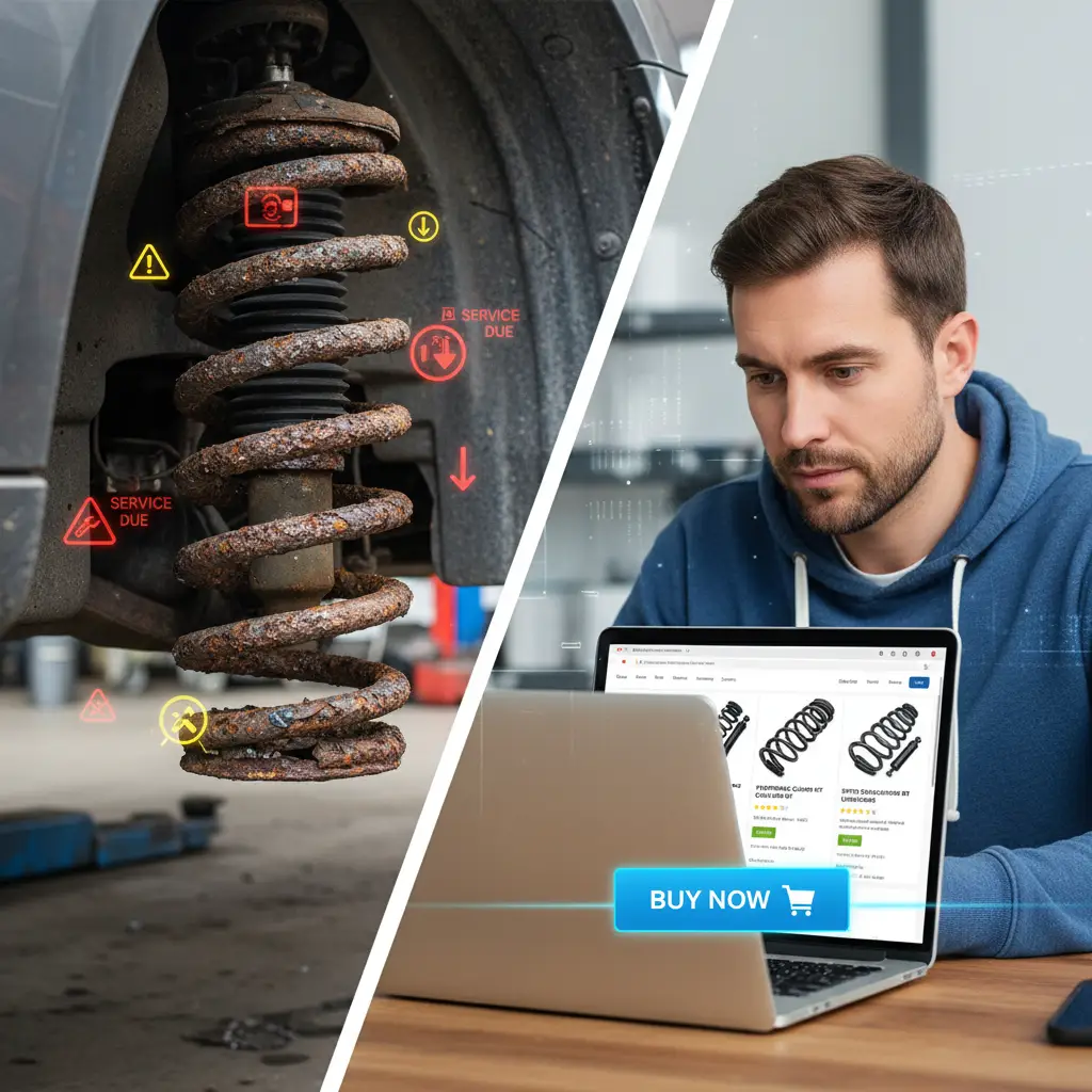 Mehaničar pregledava ovjes automobila fokusirajući se na opruge, dok su kotači podignuti i vozilo na dizalici u radionici. Na stolu su vidljivi alati i zamjenske opruge spremne za ugradnju.