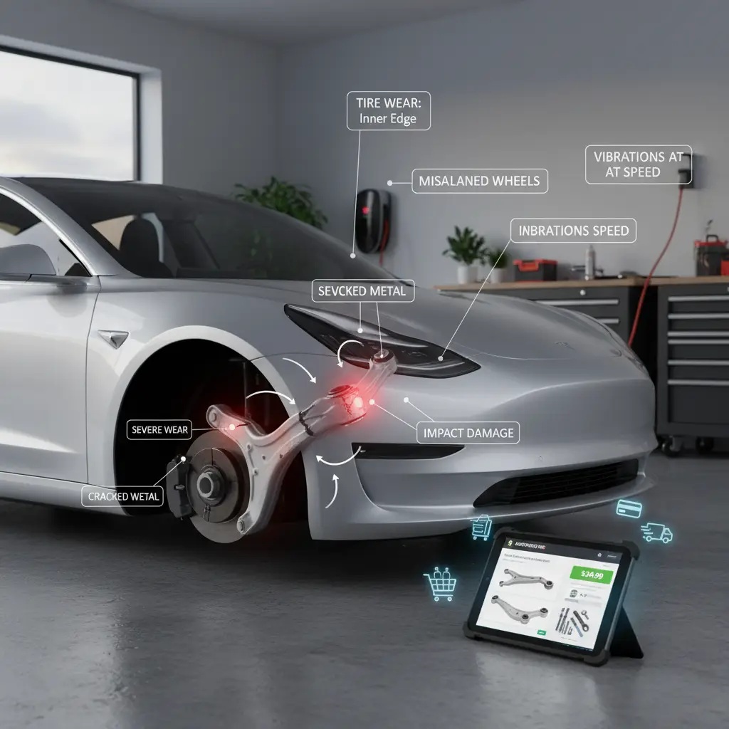 Mehaničar pregledava ovjes automobila, pokazujući na istrošenu kontrolnu ruku ispod vozila u radionici.