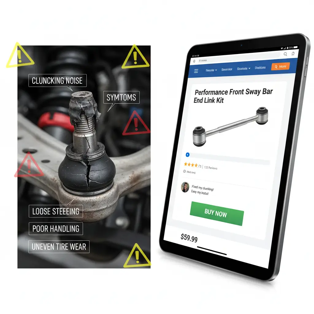 Mehaničar pregledava ovjes automobila, pokazujući na oštećenu spojnicu stabilizatora (sway bar link) koja uzrokuje neobične zvukove i nestabilnost vozila.