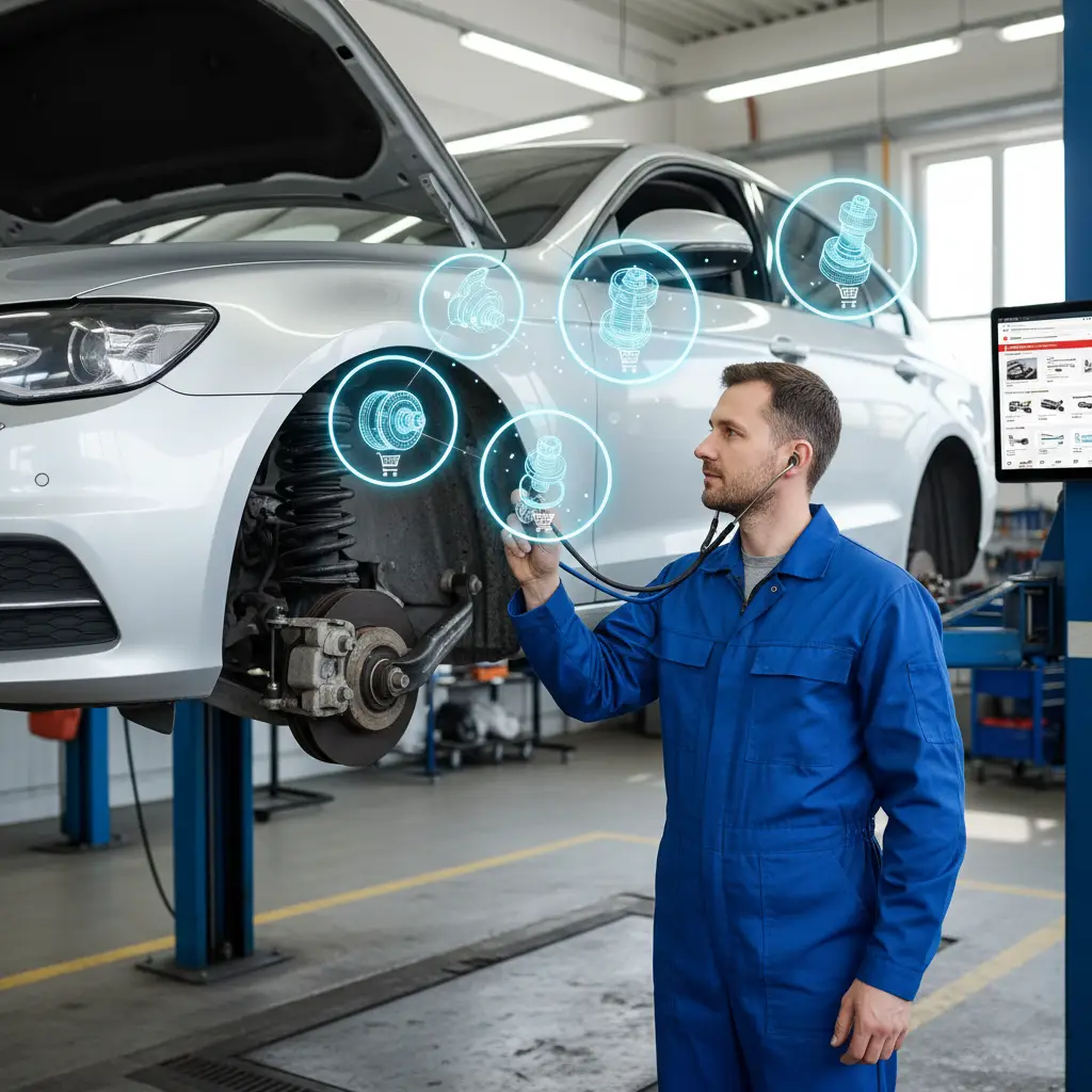 Mehaničar pregledava podvozje automobila fokusirajući se na ovjes dok traži uzrok kucanja ili lupkanja. Prikazani su dijelovi ovjesa poput amortizera i spone volana.