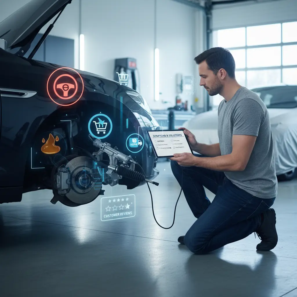 Mehaničar pregledava upravljački mehanizam automobila s podignutom haubom, pokazujući na istrošene dijelove upravljačke letve.