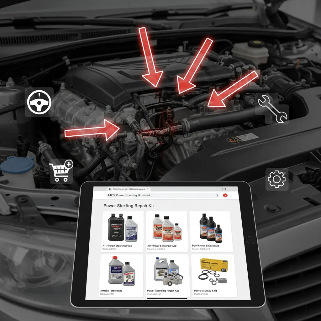 Mehaničar provjerava curenje tekućine iz sustava za servo upravljač ispod haube automobila, dok se ispod vozila vidi tamna mrlja tekućine.