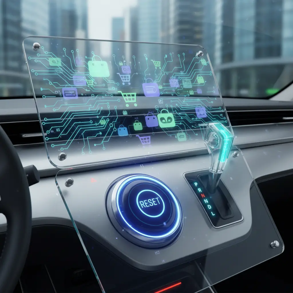 Mehaničar u radionici koristi dijagnostički uređaj za resetiranje automatskog mjenjača automobila. Na ekranu se prikazuju opcije za podešavanje prijenosa brzina.