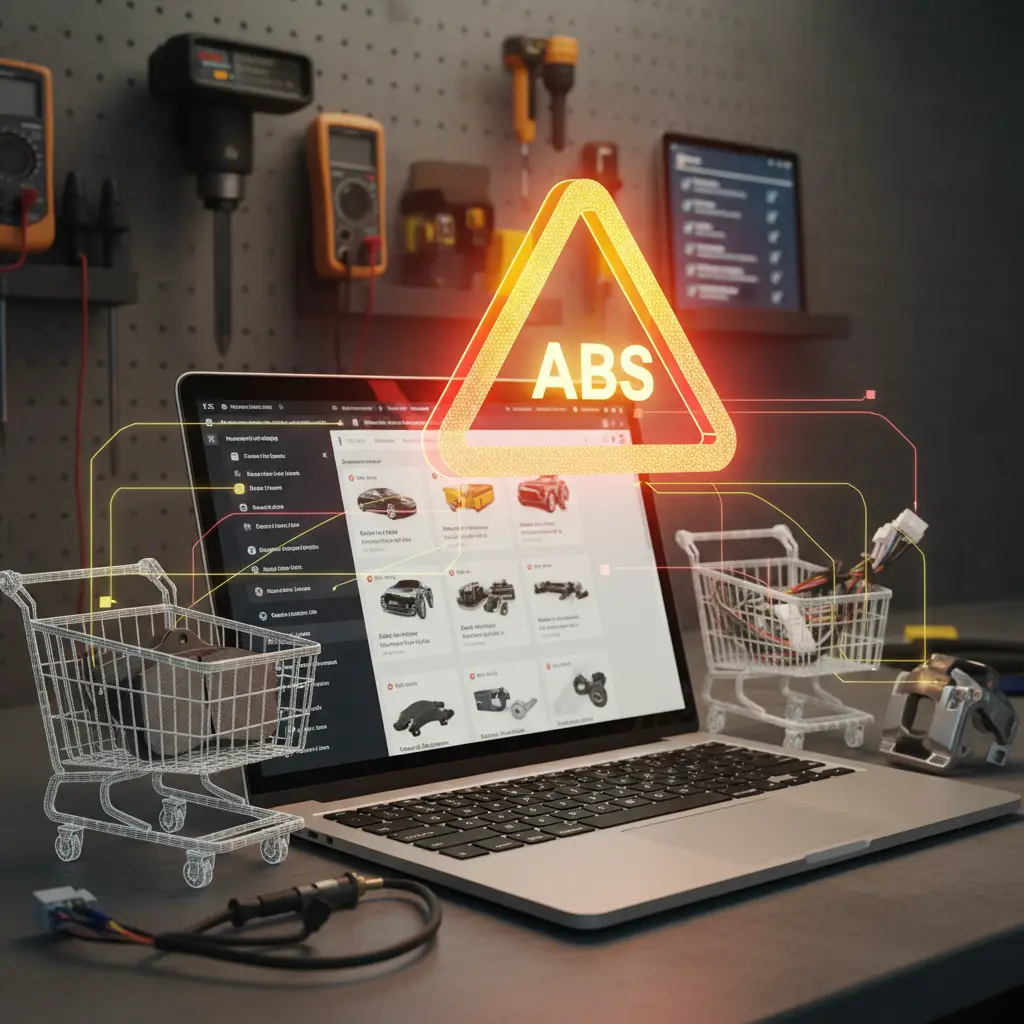 Na instrument ploči automobila svijetli žuta ABS lampica, uz prikaz volana i kočionih sistema u pozadini.