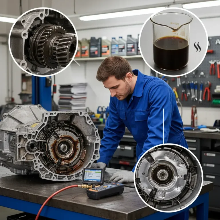 Simptomi i dijagnoza neispravne hidraulične pumpe automatskog mjenjača, ilustrirano kroz grafiku povezanu s online kupovinom zamjenskih dijelova.