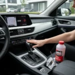 Automobil sa svjetlima upozorenja, simbolom prijenosa i curenjem tekućine ispod, ilustrira simptome niske razine automatika.
