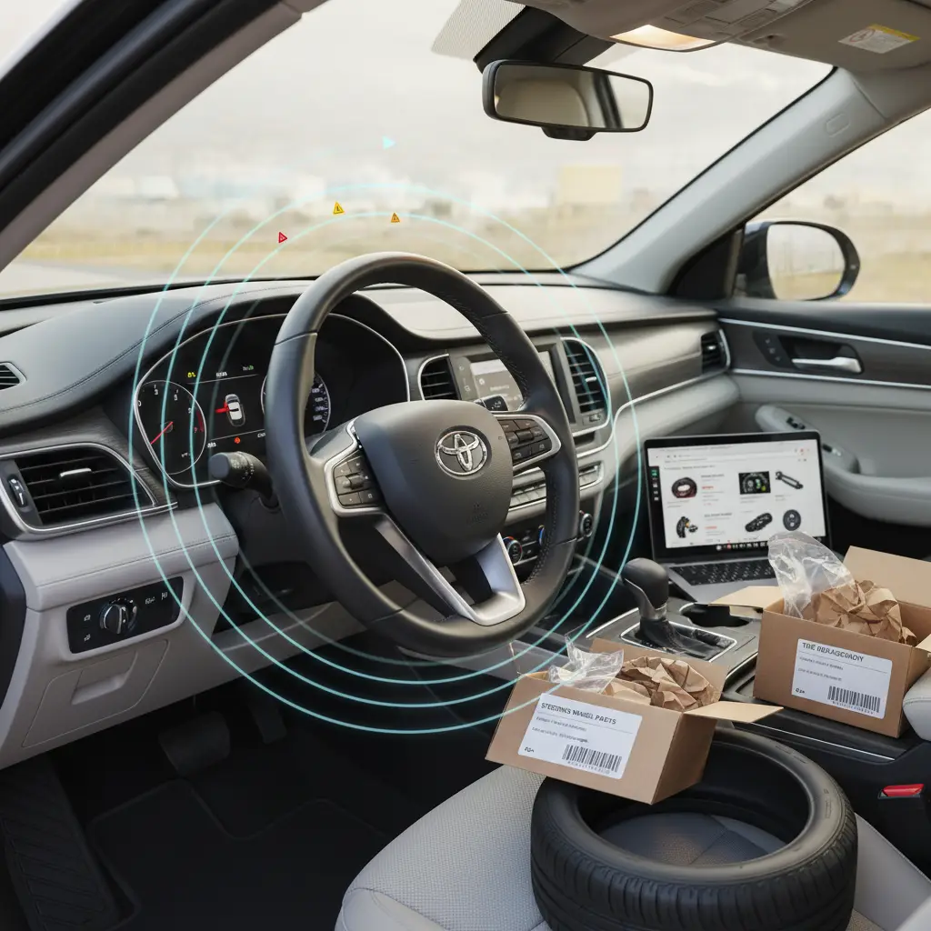 Volan automobila vidljivo vibrira dok vozač drži ruke na njemu, a u pozadini se vide kotači i alat za popravak.