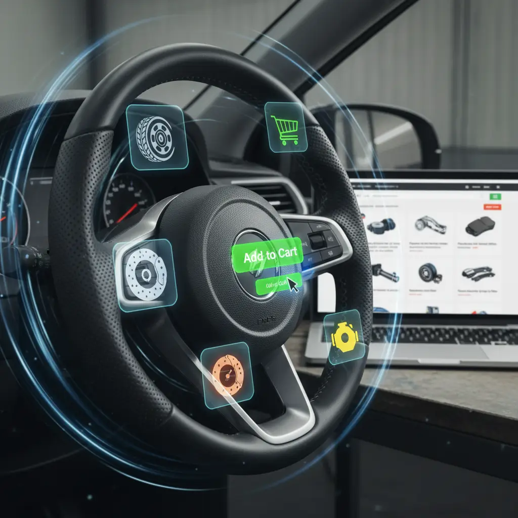 Vozač drži volan automobila koji vibrira tijekom vožnje, dok se na ekranu prikazuju moguće uzroke poput neizbalansiranih guma i istrošenih ovjesnih dijelova.