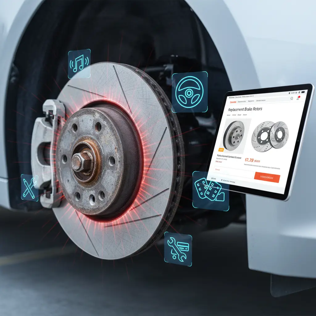 Vozač pregledava kočioni disk kroz felgu automobila, dok ruka pokazuje na vidljivo izobličenje rotora. Na slici su označeni simptomi poput vibracija i nejednakog trošenja kočionih pločica.