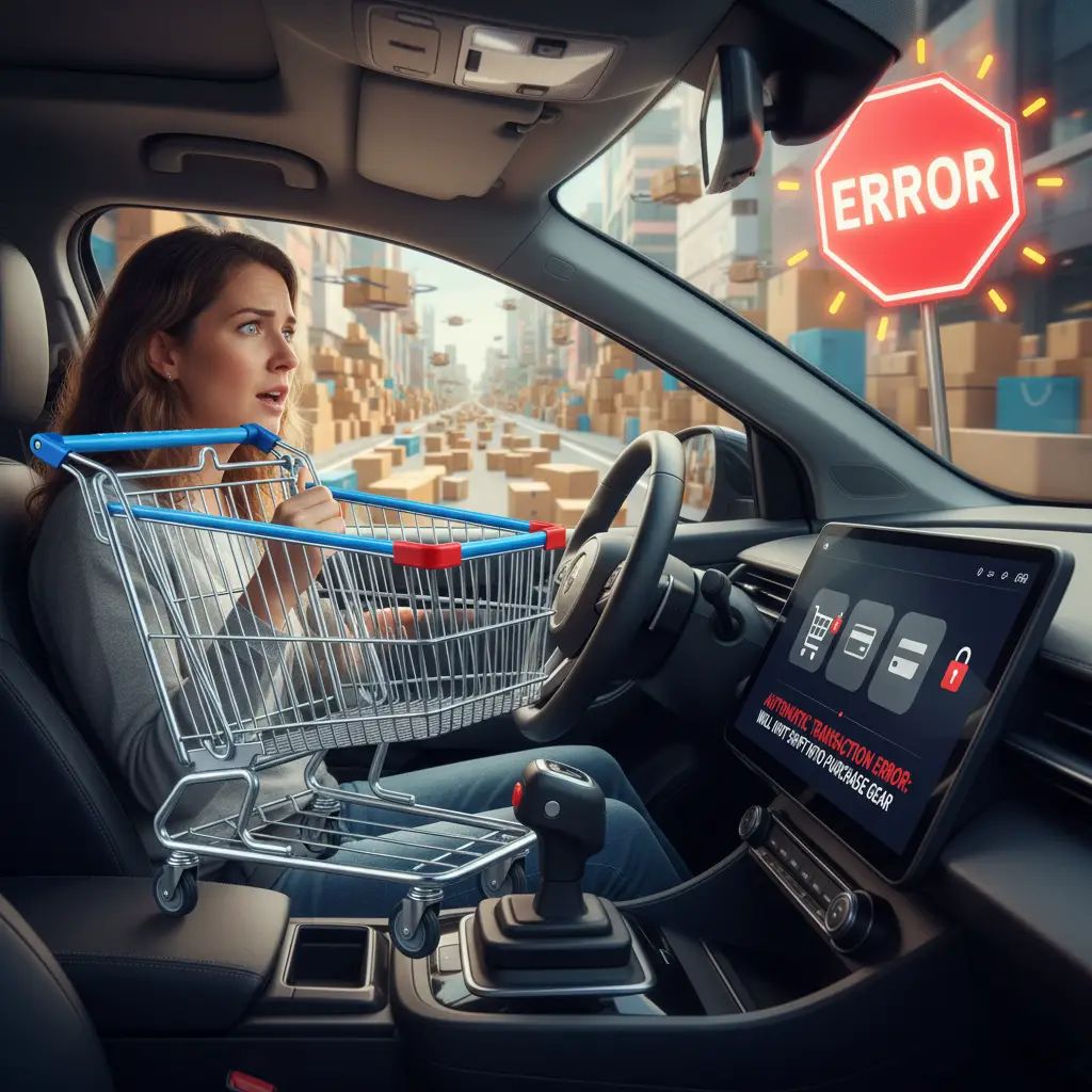 Vozač sjedi za upravljačem automobila s automatskim mjenjačem, zbunjeno gleda u ručicu mjenjača koja je zaglavljena u položaju 