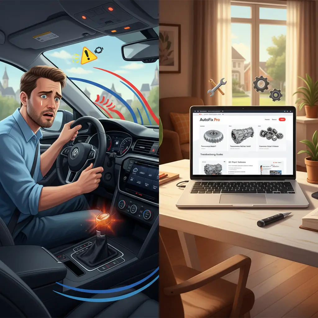 Vozač sjedi za volanom automobila dok automatski mjenjač iznenada trza, a crvene lampice upozorenja svijetle na kontrolnoj ploči.
Automobil na cesti naglo poskakuje pri promjeni brzina, uz vidljive znakove upozorenja na instrument tabli.