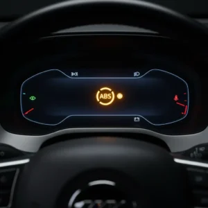 Simbol žute ABS lampice na vozilu prikazuje upozorenje na mogući kvar sustava, važan za sigurnost pri online kupnji autodijelova.