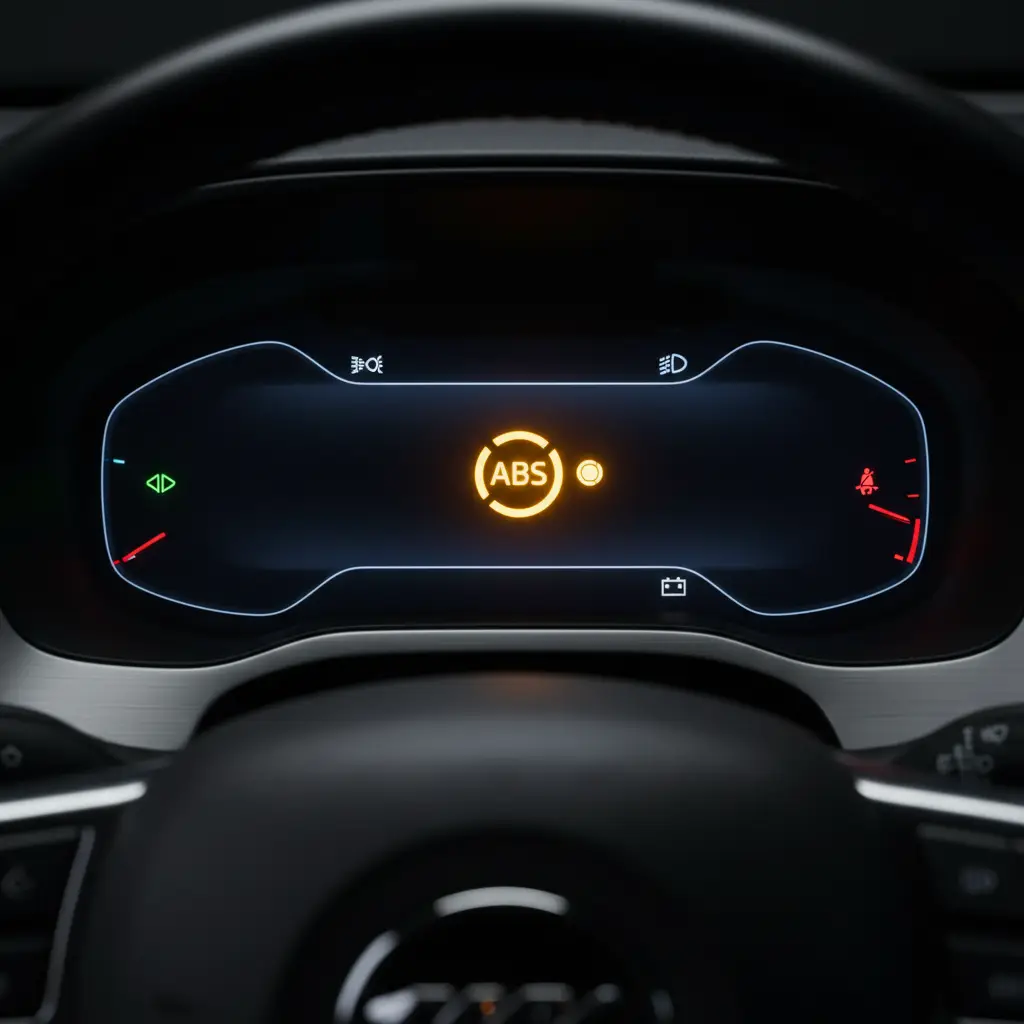 Simbol žute ABS lampice na vozilu prikazuje upozorenje na mogući kvar sustava, važan za sigurnost pri online kupnji autodijelova.