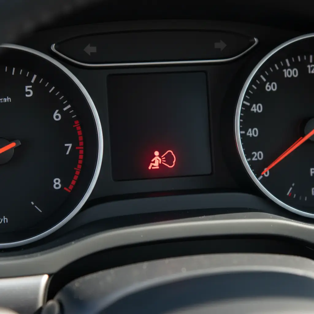 Airbag/SRS lampica upozorenja svijetli na kontrolnoj ploči automobila, online naručivanje rezervnih dijelova putem internetske trgovine na ekranu laptopa.