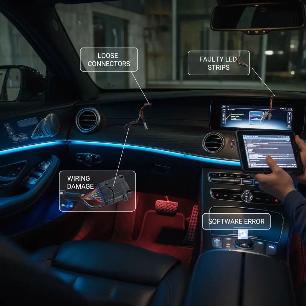 Kvarovi ambijentalne rasvjete unutrašnjosti automobila – uzroci i rješenja, online kupnja rezervnih dijelova i LED rasvjete za popravak.