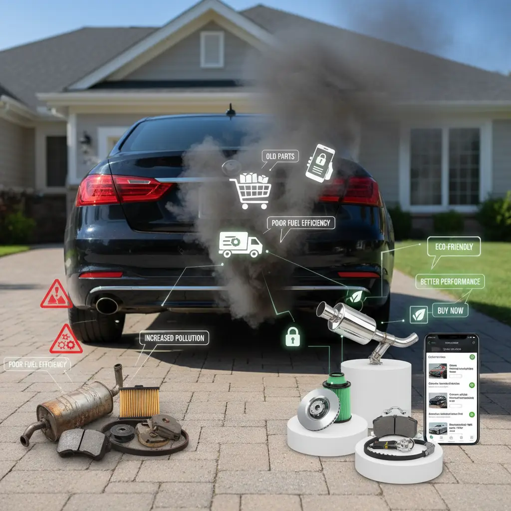 Automobil ispušta gusti crni dim iz auspuha dok stoji na parkiralištu; u pozadini se vidi zabrinut vozač koji gleda motor.