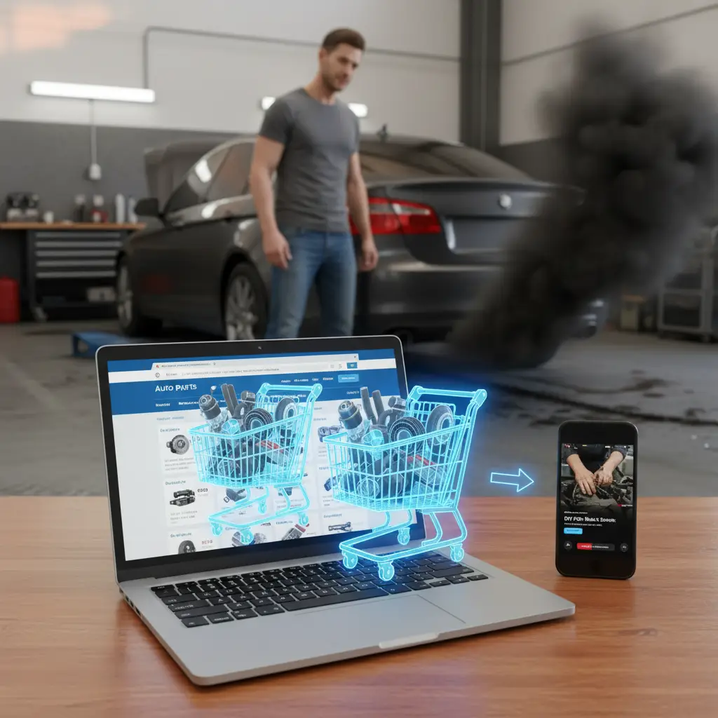 Automobil ispušta gusti crni dim iz auspuha dok stoji na parkiralištu; u pozadini se vidi zabrinuti vozač koji provjerava motor.