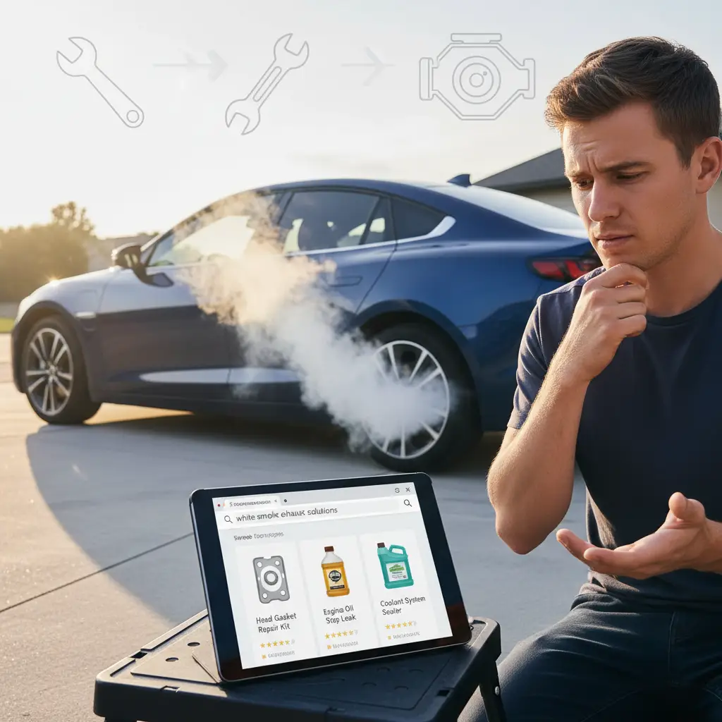 Automobil na cesti ispušta gust, bijeli dim iz auspuha dok vozač zabrinuto gleda prema stražnjem dijelu vozila.