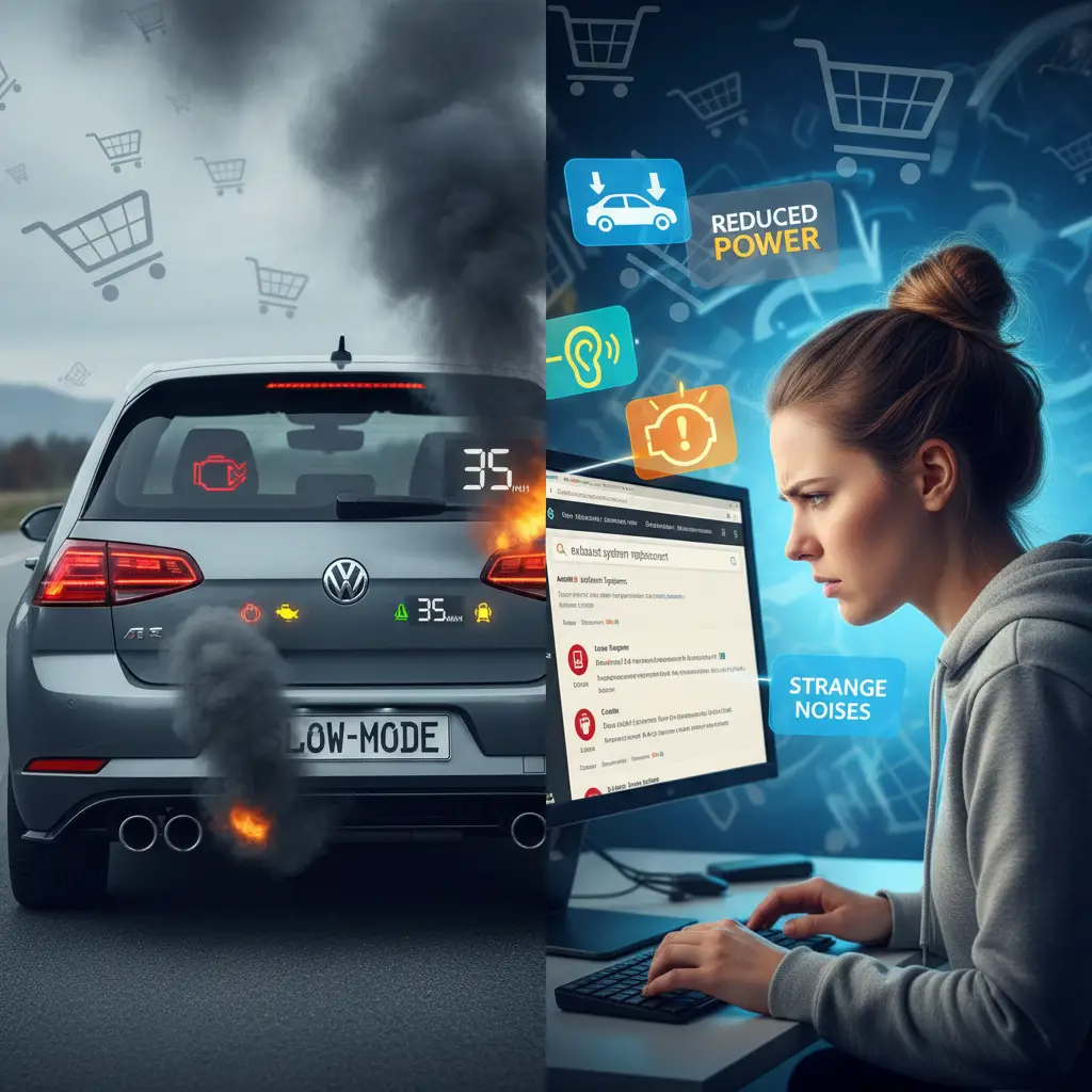 Automobil na cesti s vidljivim dimom iz ispušne cijevi, dok vozač zabrinuto gleda kontrolnu ploču s upaljenom lampicom motora.