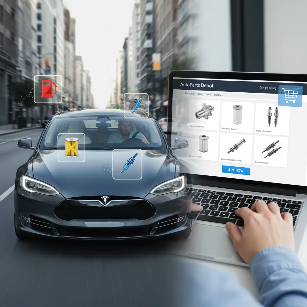 Automobil na cesti usporava prilikom ubrzavanja, dok mehaničar provjerava filter goriva ispod haube. Na slici su jasno vidljivi dijelovi sustava za gorivo.