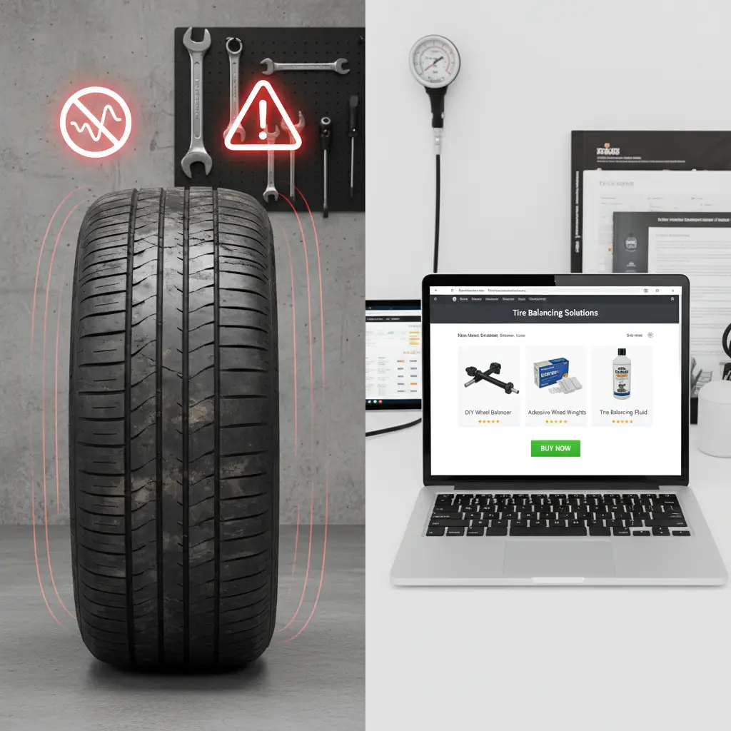 Automobil na dizalici s mehaničarom koji pregledava kotače zbog neravnomjernog trošenja guma, uz alat za balansiranje kotača u radionici.