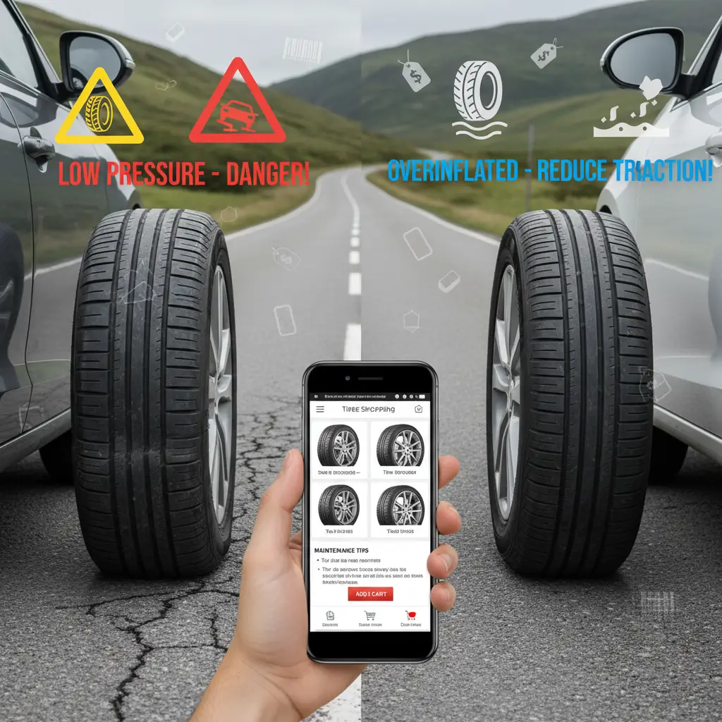 Automobil na parkiralištu s jasno vidljivo spljoštenom prednjom gumom, dok su stražnje gume napuhane do te mjere da izgledaju izbočeno; uz vozilo stoji prometni znak s upozorenjem o sigurnosti guma.