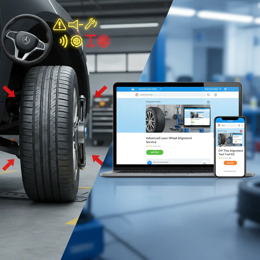 Automobil na servisnom podizaču dok mehaničar provjerava položaj kotača, ilustrirajući simptome loše geometrije poput nejednake istrošenosti guma.