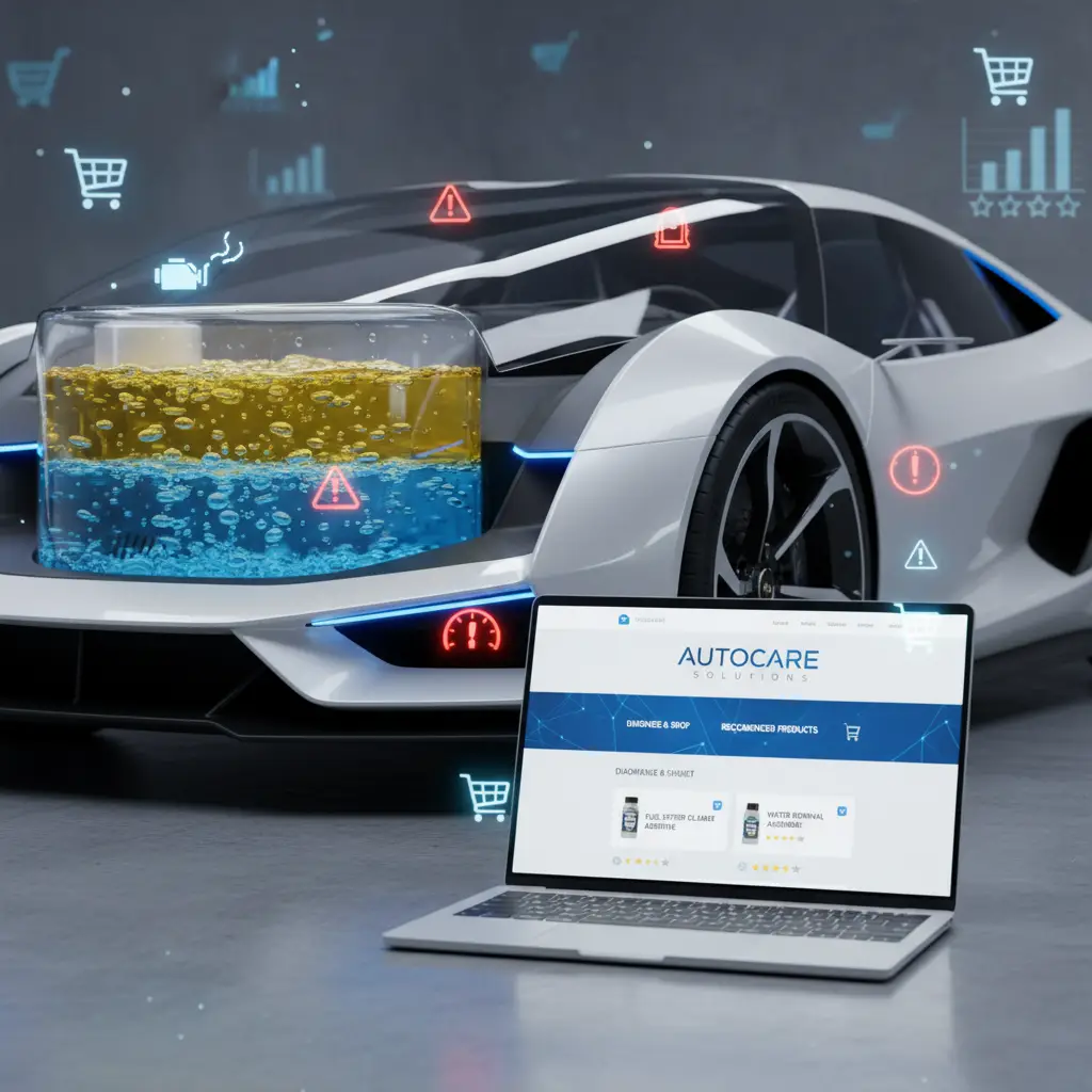 Automobil parkiran kraj benzinske postaje, s kapljicama vode koje se stapaju s gorivom u prozirnom spremniku, dok zabrinuti vozač proučava motor.