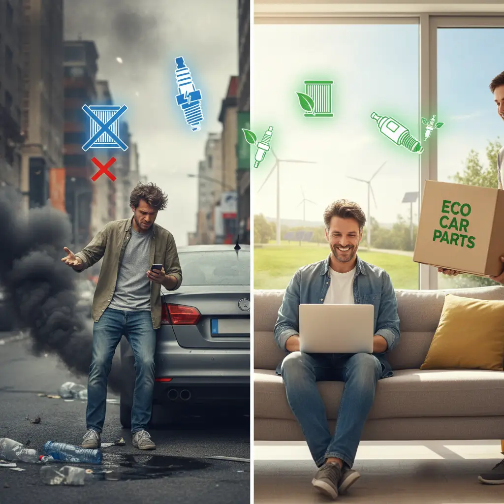 Automobil parkiran na cesti s vidljivim gustim crnim ispušnim dimom iz auspuha, dok zabrinut vozač promatra motor.