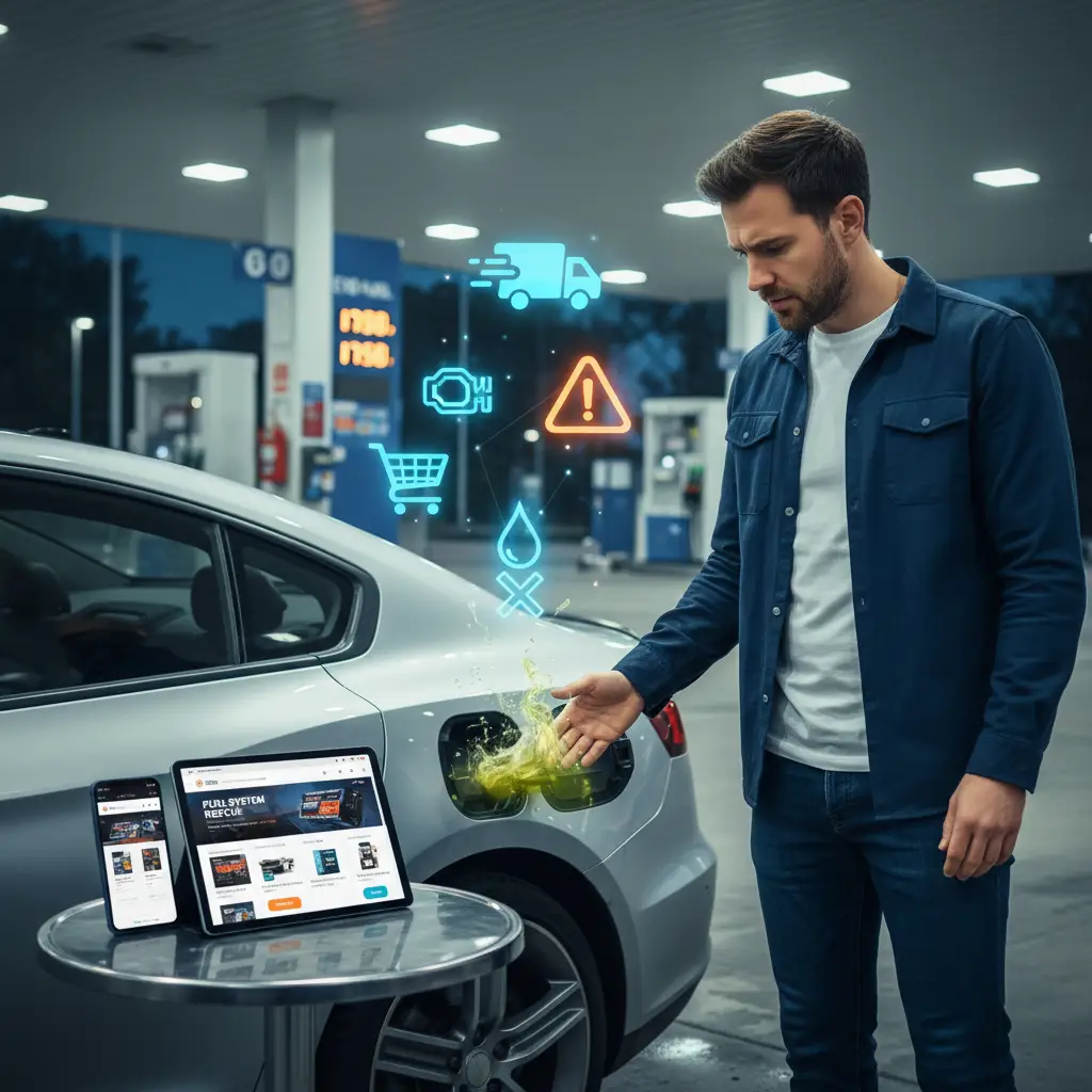 Automobil parkiran pored benzinske postaje, s kapima vode koje ulaze u otvor za gorivo, dok vozač zabrinuto promatra kontrolnu ploču s upaljenom lampicom motora.