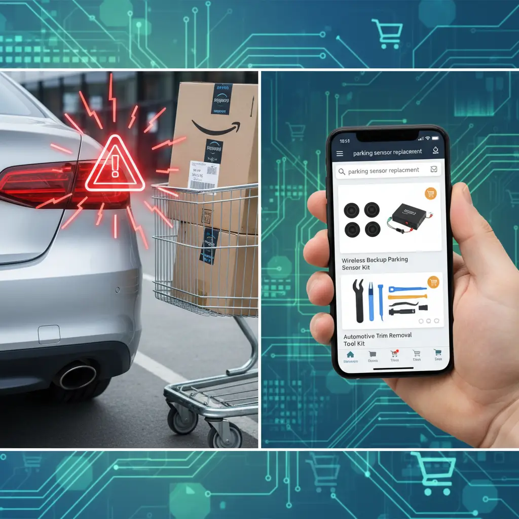 Automobil parkiran uz cestu, na stražnjem odbojniku vidljivi parking senzori, dok vozač zabrinuto provjerava senzor zbog mogućih kvarova.