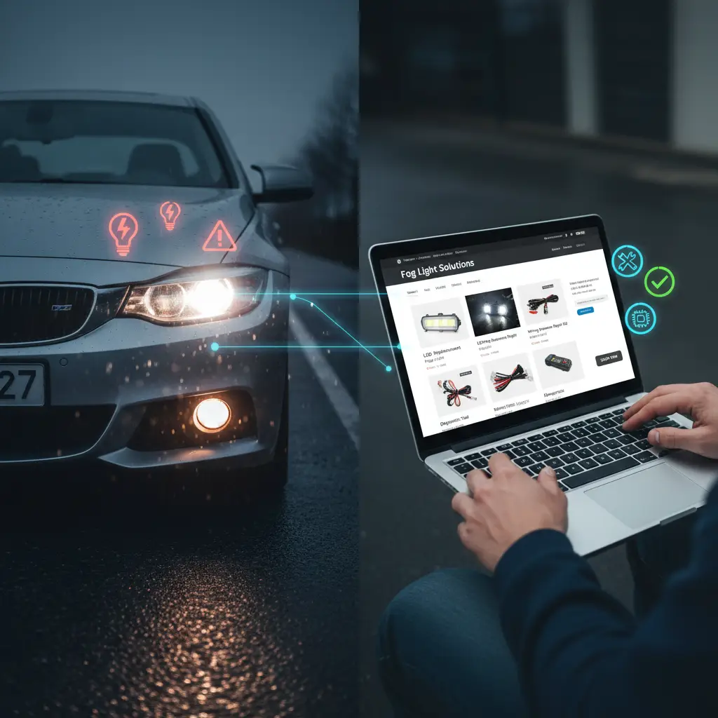 Automobil s upaljenim prednjim svjetlima za maglu, od kojih jedno ne svijetli ispravno, dok vozač provjerava žarulju ispod haube.
