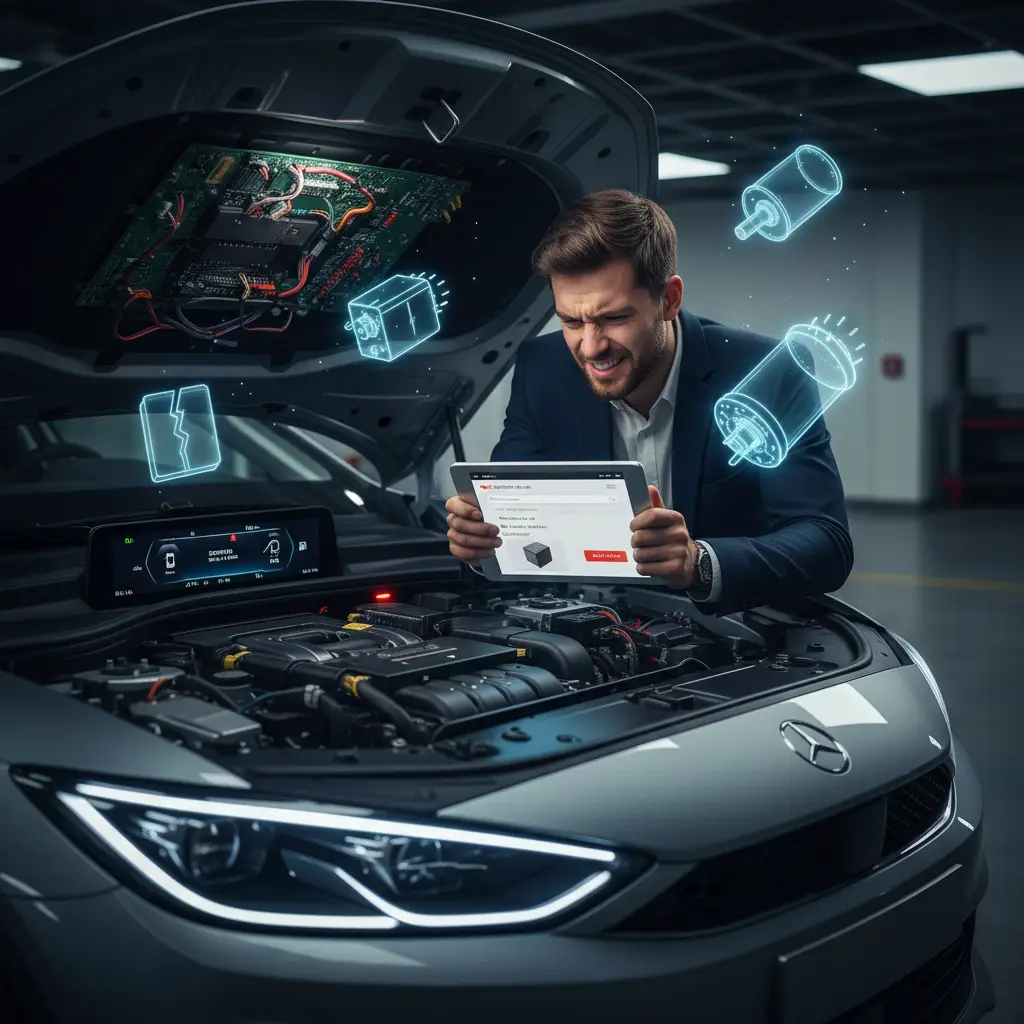 Automobil stoji na parkiralištu s otvorenom haubom, dok vozač zabrinuto gleda u motor, iako je akumulator očito nov i spojen ispravno. Na slici nema znakova života u vozilu, što sugerira moguće električne probleme.