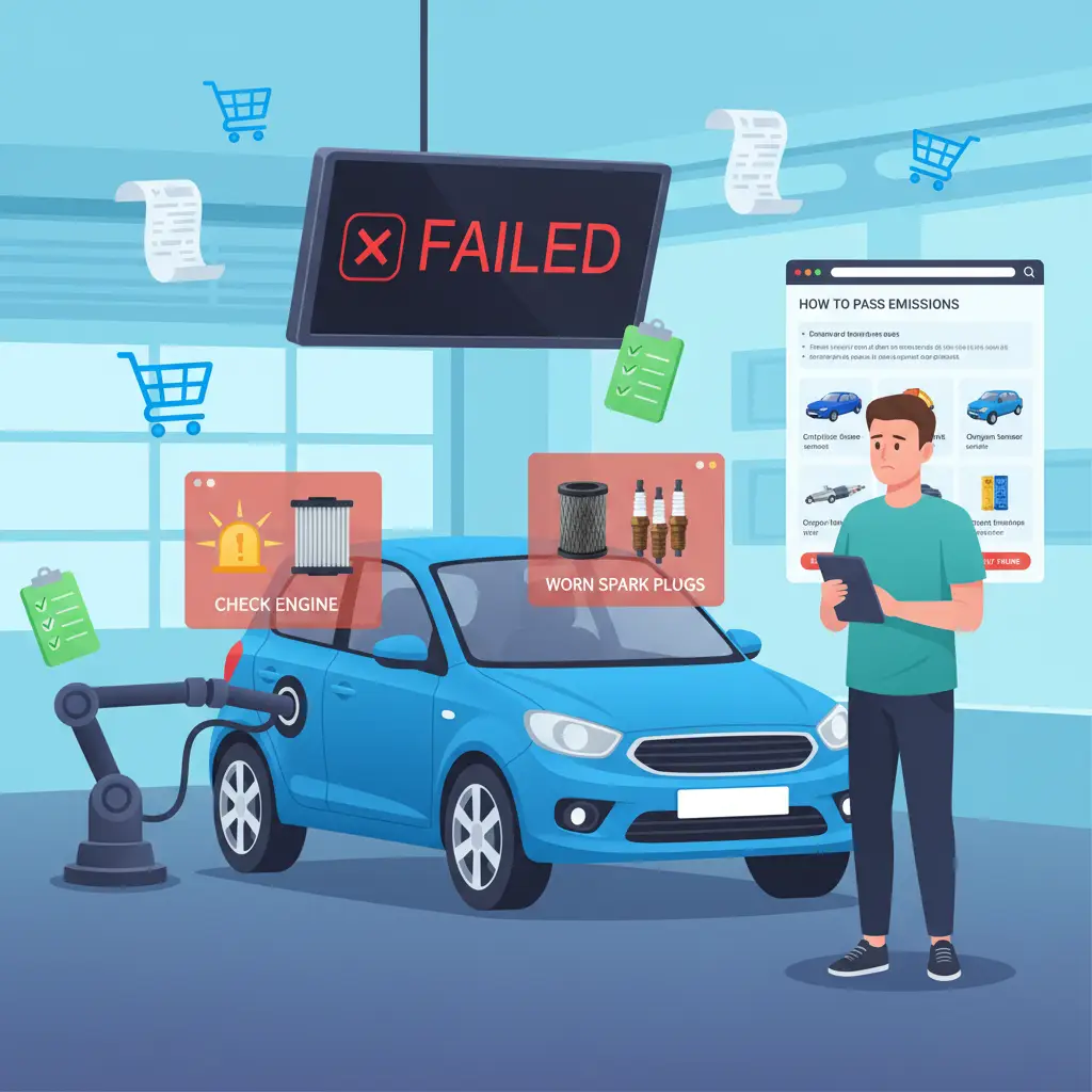 Automobil stoji na tehničkom pregledu, dok mehaničar pregledava ispušni sustav zbog neuspjelog testa emisija. Na ekranu su prikazani rezultati ispitivanja emisija i upozorenje o prekoračenju dozvoljenih vrijednosti.