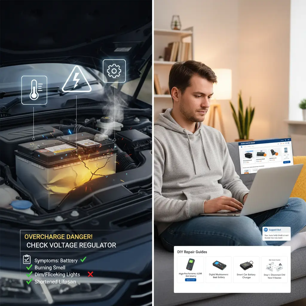 Automobilska baterija sa priključenim voltmetrom pokazuje previsok napon, dok osoba provjerava kablove i regulator napona kako bi otkrila problem prepunjavanja.