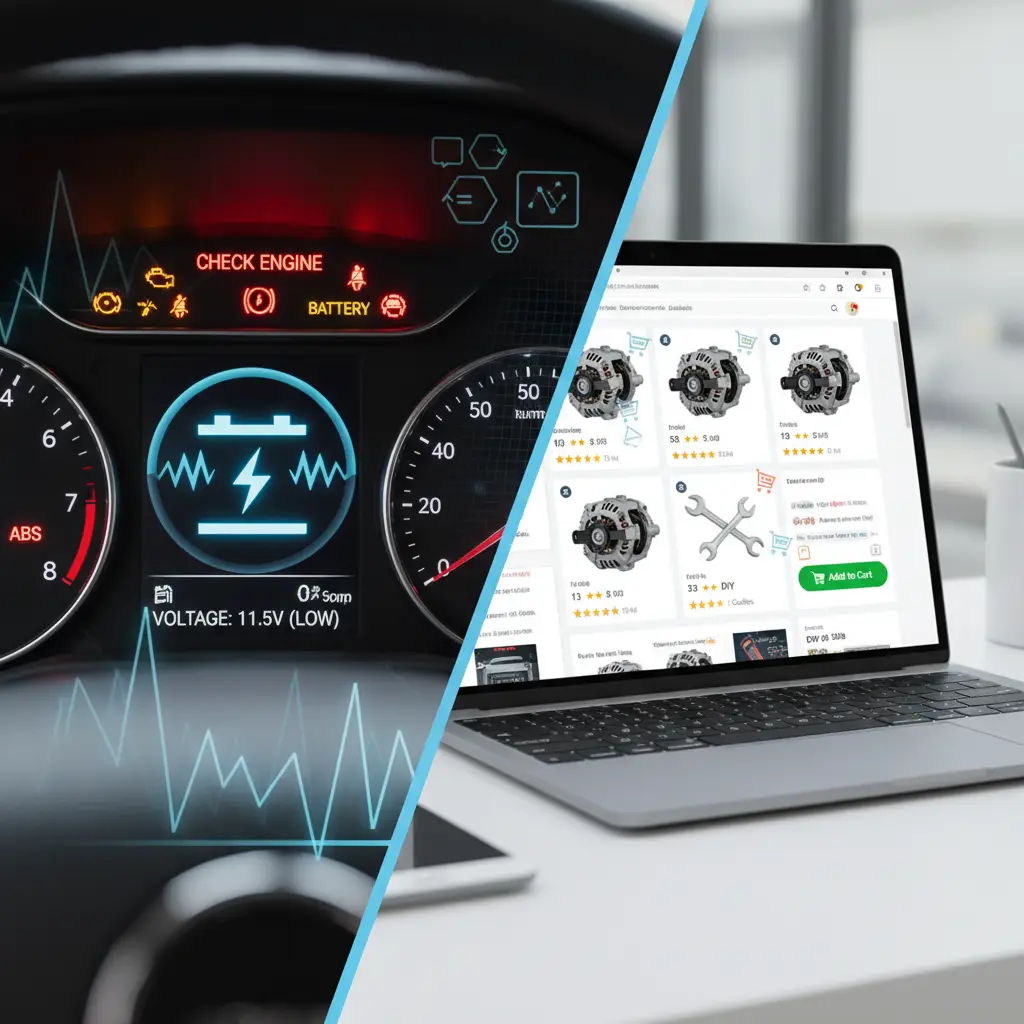 Automobilska instrument ploča prikazuje lampicu za akumulator, dok mehaničar provjerava alternator ispod haube vozila.