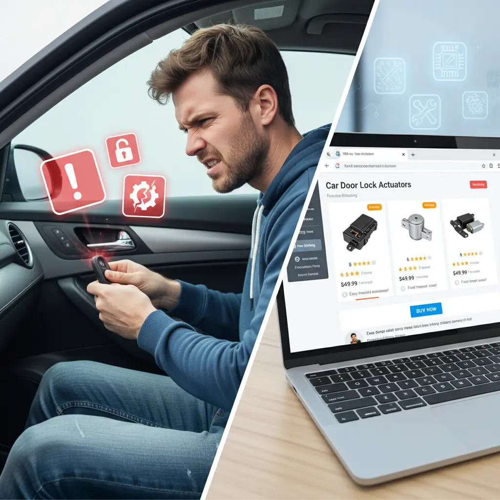 Automobilska vrata s otvorenom oblogom prikazuju neispravan aktuator brave, dok vozač pokušava zaključati vrata daljinskim upravljačem.