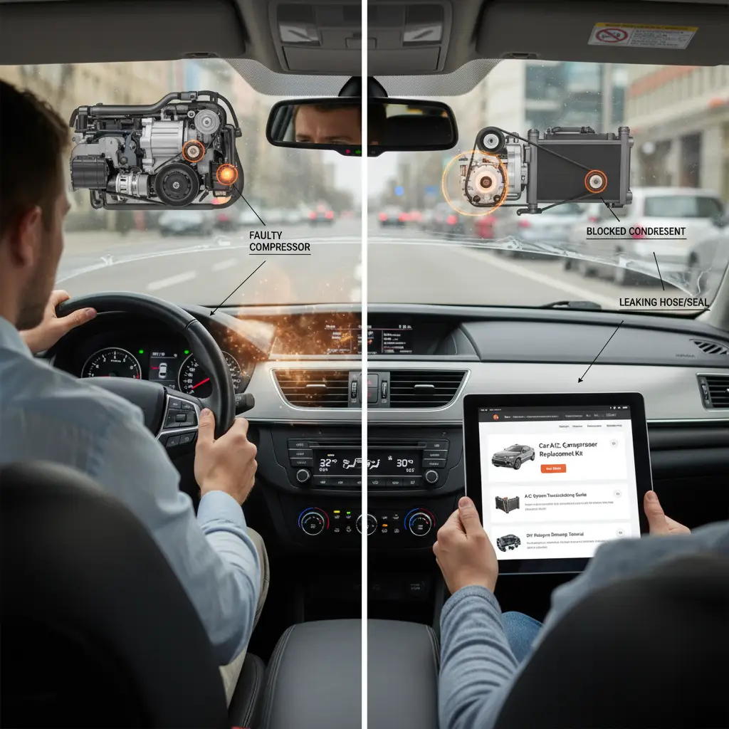 Automobilski klima uređaj prikazan u praznom hodu, s vozačem zabrinutog izraza lica dok iz ventilacijskih otvora izlazi topao zrak.
Dijagram unutarnjih komponenti klima uređaja ilustrira moguće uzroke poput niske razine rashladnog sredstva ili problema s ventilatorom.