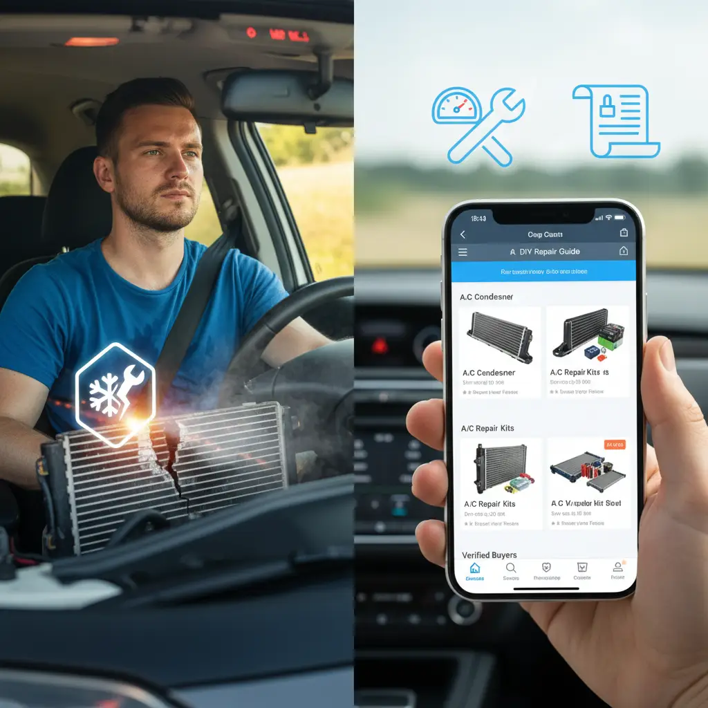 Automobilski mehaničar pregledava A/C kondenzator ispod haube vozila, tražeći znakove curenja i začepljenja dok koristi svjetiljku.