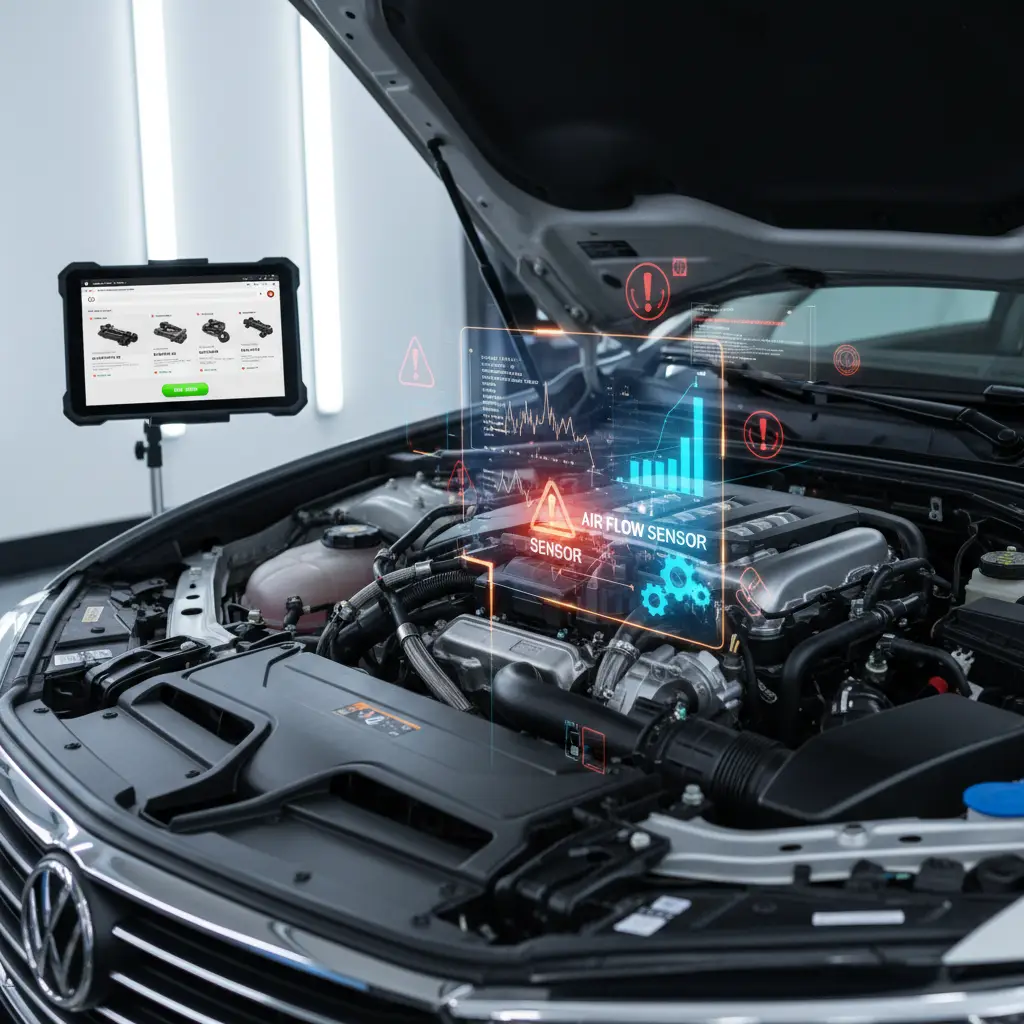 Automobilski mehaničar provjerava senzor protoka zraka ispod haube vozila pomoću multimetra, s vidljivim prljavim filterom zraka u pozadini.