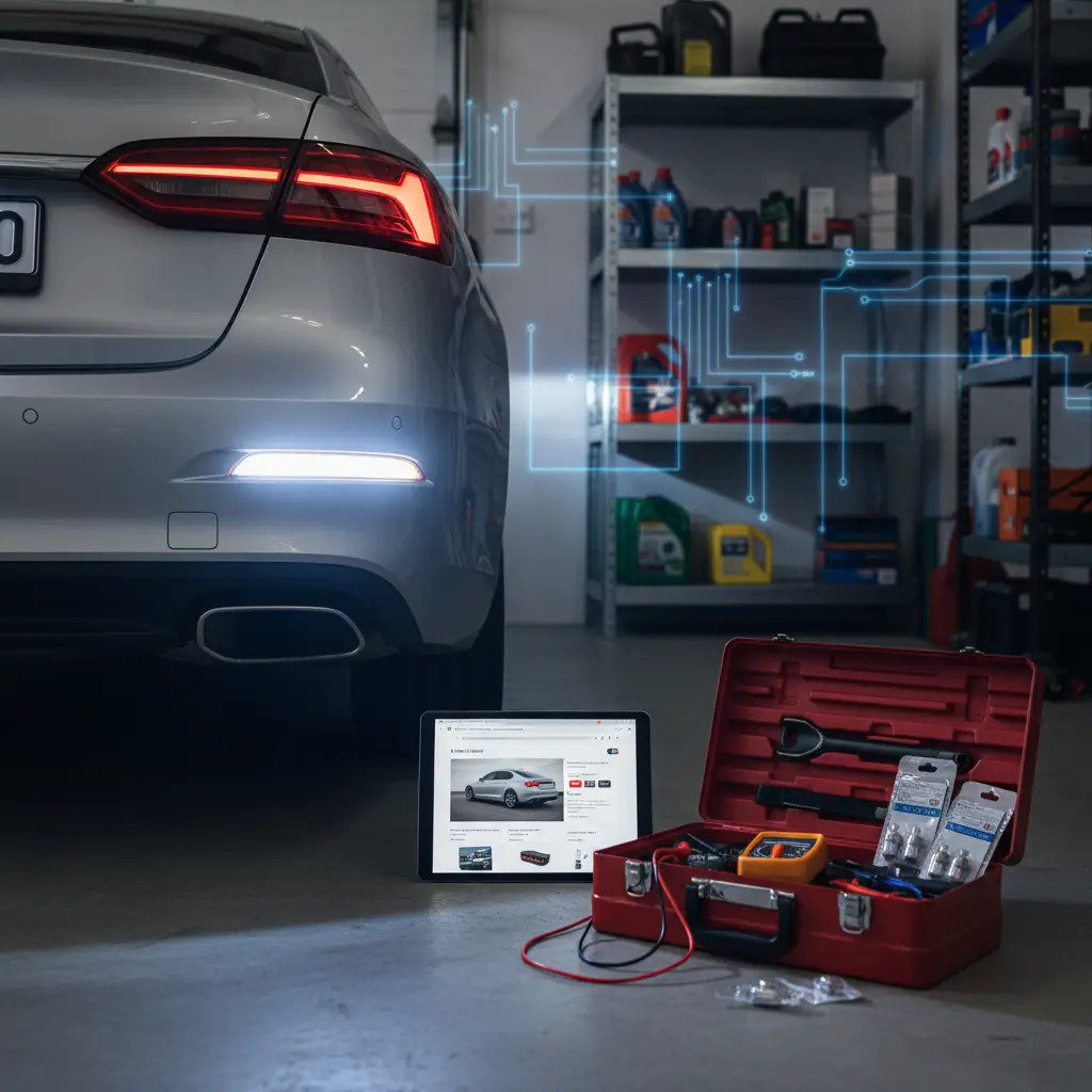 Automobilski mehaničar provjerava stražnja svjetla vozila s upaljenim stražnjim vratima, fokusirajući se na neispravna rikverc svjetla i dijagnosticiranje kvara.
