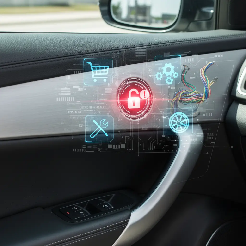 Blizak prikaz vozačevih vrata automobila s ključem i gumbima za centralno zaključavanje, dok vozač pokušava otključati vrata bezuspješno.