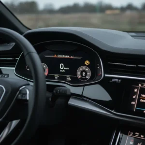 "Ikona upaljene lampice Check Engine na digitalnom zaslonu automobila, uz otvorenu web stranicu za online kupovinu auto dijelova."