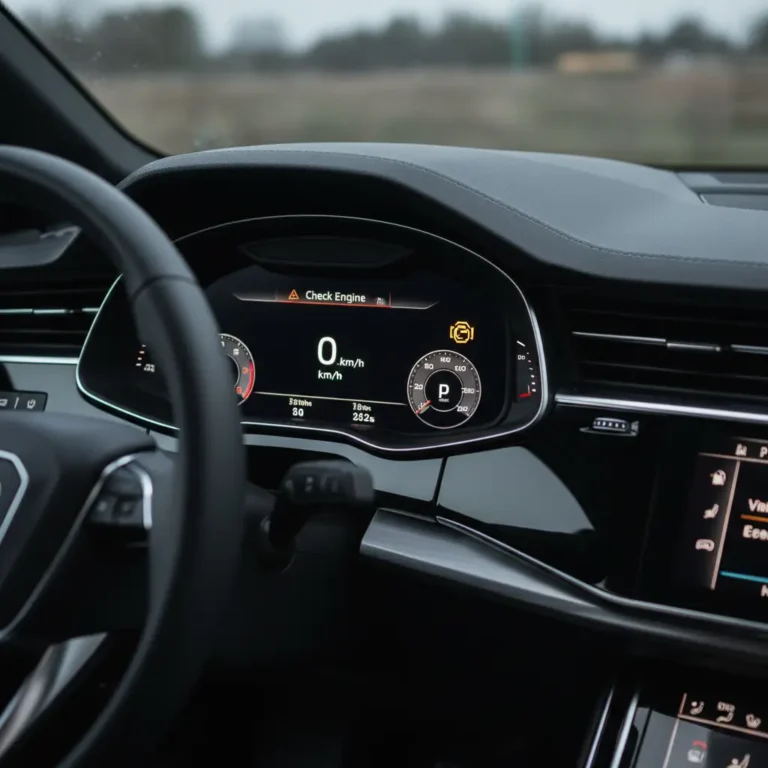 "Ikona upaljene lampice Check Engine na digitalnom zaslonu automobila, uz otvorenu web stranicu za online kupovinu auto dijelova."